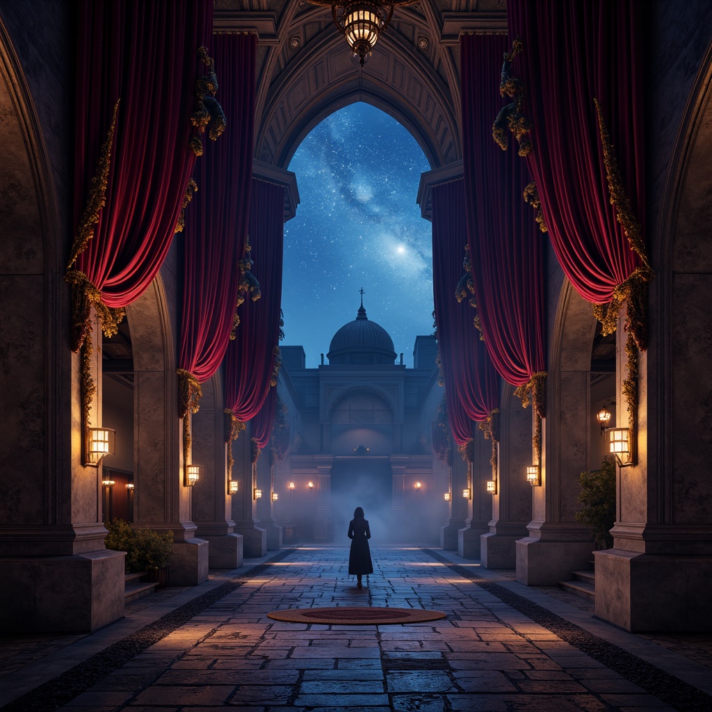 Prompt: Rich velvet drapes, dark mysterious ambiance, celestial starry night sky, deep blues and purples, warm golden accents, intricate ornate details, gothic arches, mystical ancient artifacts, dimly lit corridors, atmospheric fog, eerie soft lighting, 1-point perspective composition, dramatic chiaroscuro, realistic stone textures, ambient occlusion.