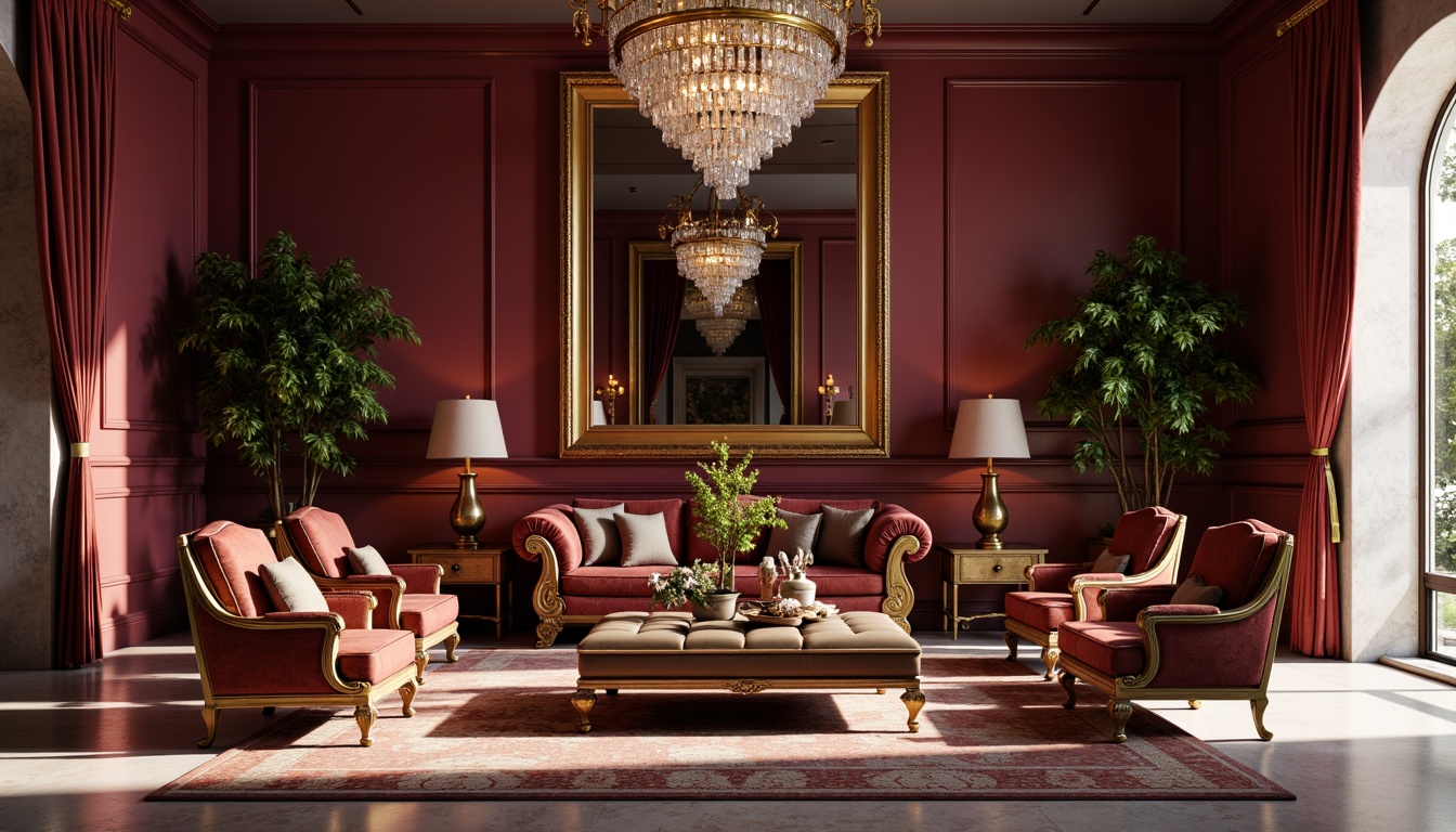 Prompt: Luxurious burgundy walls, rich marble floors, ornate golden frames, velvet upholstered sofas, intricately carved wooden chairs, polished bronze coffee tables, tufted ottomans, crystal chandeliers, lavish silk drapes, antique vases, elegant archways, sophisticated high ceilings, warm ambient lighting, 1/2 composition, soft focus blur, realistic reflections.