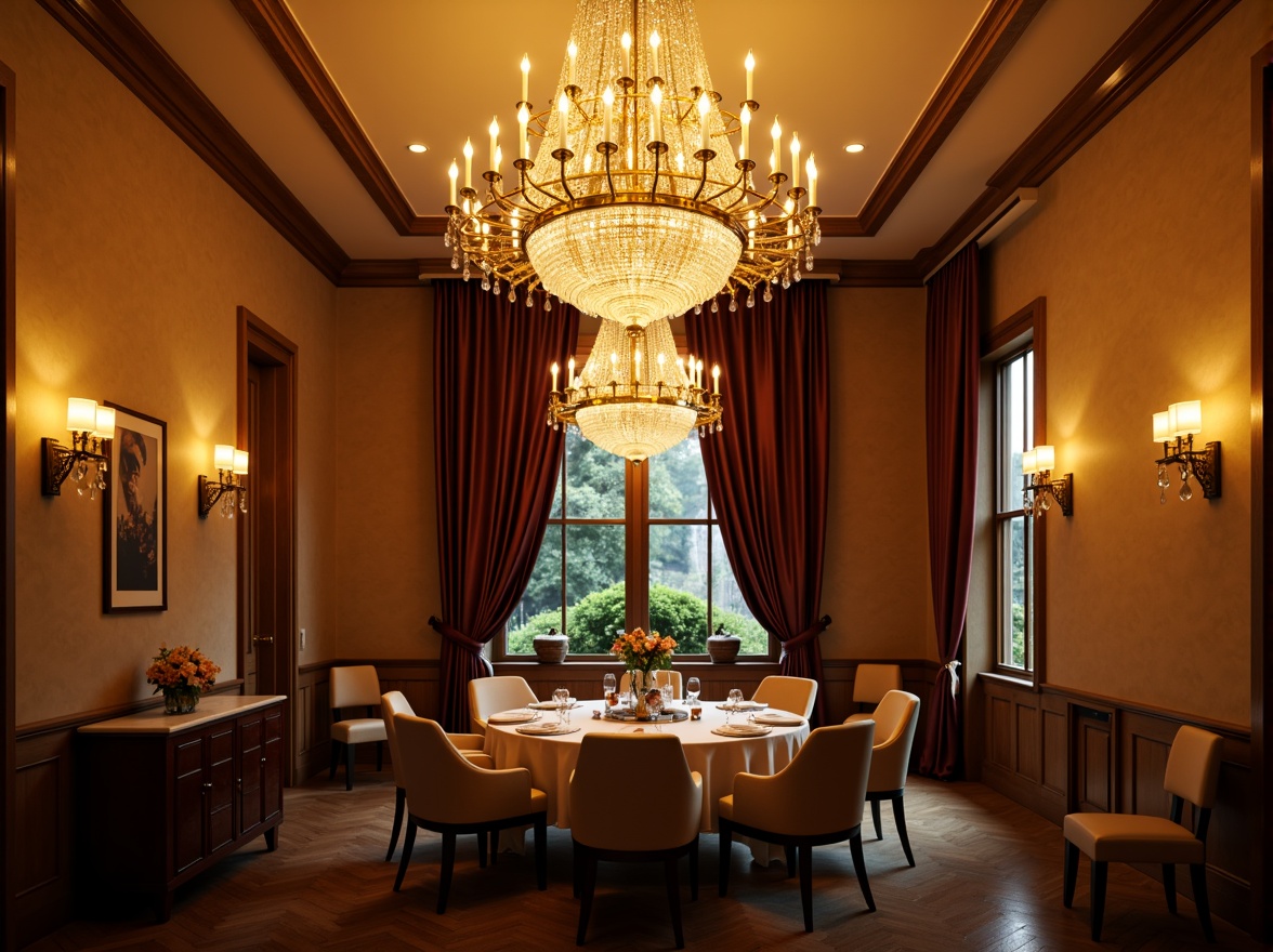 Prompt: Elegant dining room, crystal chandelier, warm golden lighting, candle-like fixtures, pendant lamps, soft cream-colored walls, dark wood furniture, luxurious velvet drapes, intimate setting, cozy ambiance, subtle shadows, dramatic highlights, 1/2 composition, shallow depth of field, softbox lighting, realistic reflections.