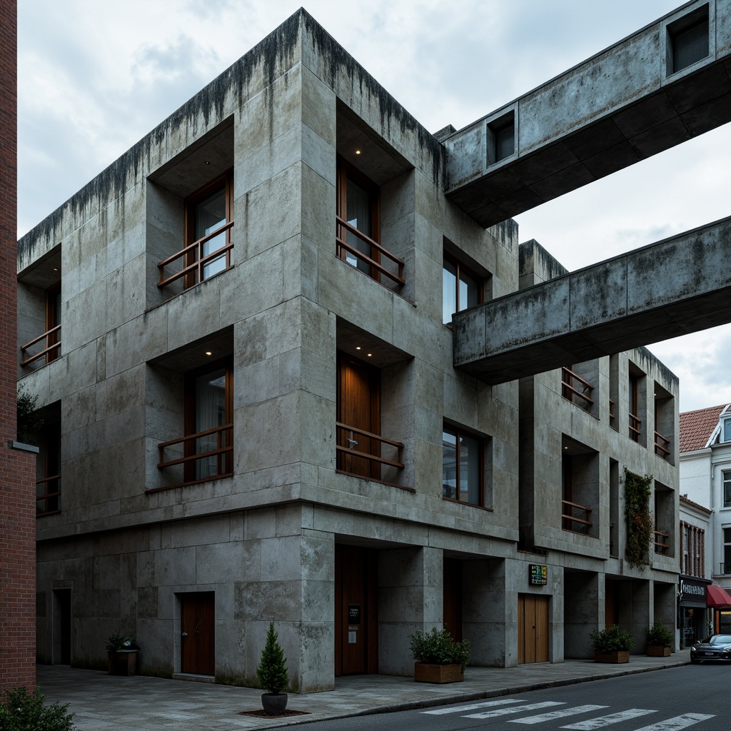 Prompt: Rugged brutalist architecture, raw concrete textures, industrial steel beams, weathered stone walls, bold geometric forms, monochromatic color scheme, earthy tones, muted grays, deep blues, rusty reds, worn wood accents, exposed ductwork, urban cityscape, overcast sky, dramatic shadows, high contrast lighting, cinematic atmosphere, gritty realism.