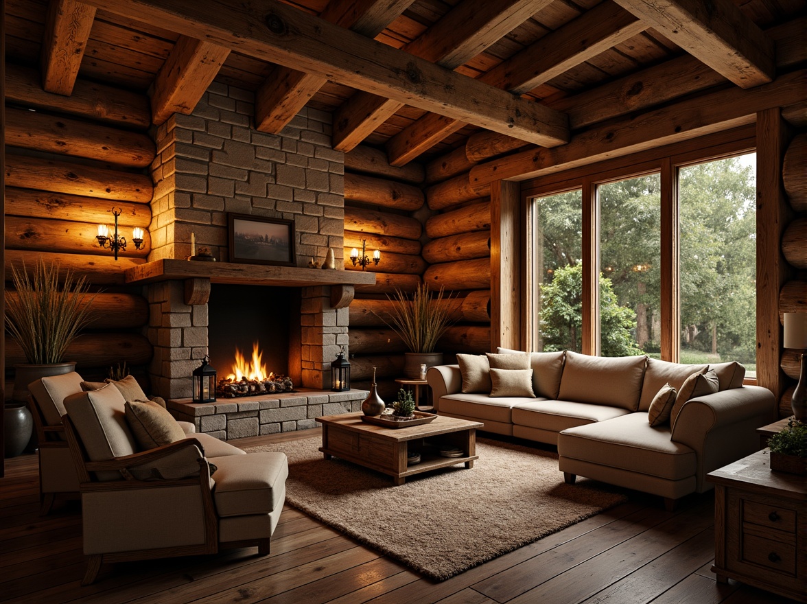 Prompt: Rustic cabin interior, wooden beams, stone fireplace, warm candlelight, vintage metal lanterns, distressed wood furniture, natural textiles, earthy color palette, cozy reading nook, plush area rugs, warm ambient lighting, softbox shadows, shallow depth of field, 1/2 composition, realistic wood textures, ambient occlusion.