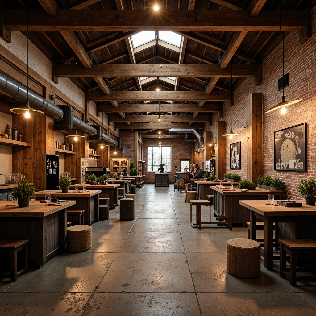 Prompt: Rustic factory setting, exposed wooden beams, industrial metal columns, reclaimed wood accents, earthy color palette, natural stone flooring, distressed brick walls, vintage manufacturing equipment, cozy atmospheric lighting, shallow depth of field, 1/2 composition, warm rustic textures, ambient occlusion.