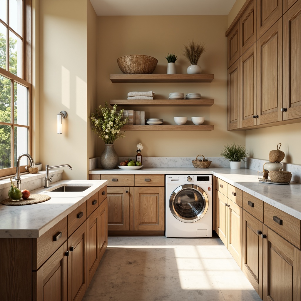 Prompt: Elegant laundry room, soft creamy lighting, warm beige walls, ornate wooden cabinetry, marble countertops, classic white ceramics, chrome metal fixtures, subtle floral patterns, natural woven textiles, ambient shadows, shallow depth of field, 1/1 composition, realistic reflections, modern minimalist decor, innovative storage systems, sliding drawers, rotating shelves, hidden compartments, smart laundry machines, soft pastel colors, gentle warm ambiance.