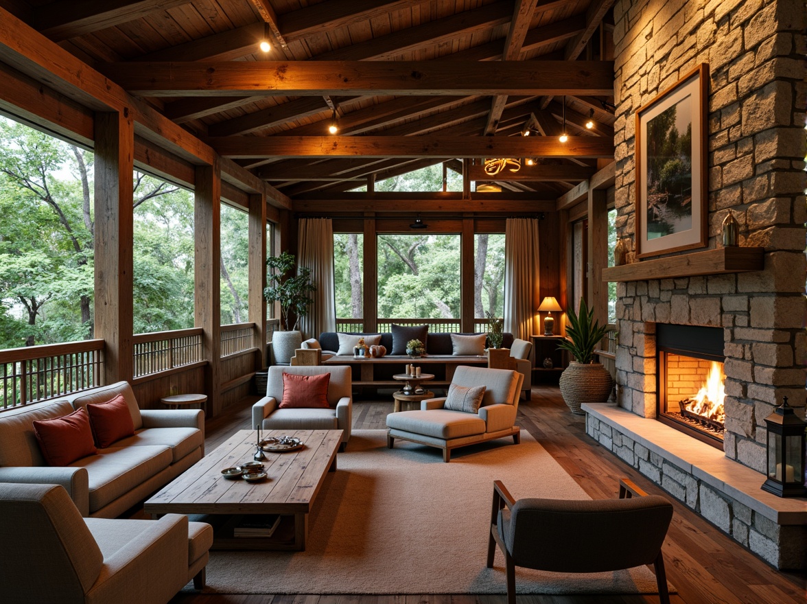 Prompt: Cozy rustic lodge, natural stone walls, wooden accents, earthy color palette, plush armchairs, velvet sofas, reclaimed wood tables, metal lanterns, vintage decor, warm candlelight, crackling fireplace, wooden beams, exposed brick ceilings, lush greenery, outdoor patio seating, comfortable pillows, soft blankets, woven baskets, nature-inspired artwork, organic textures, warm inviting atmosphere, shallow depth of field, 1/1 composition, realistic renderings, ambient occlusion.