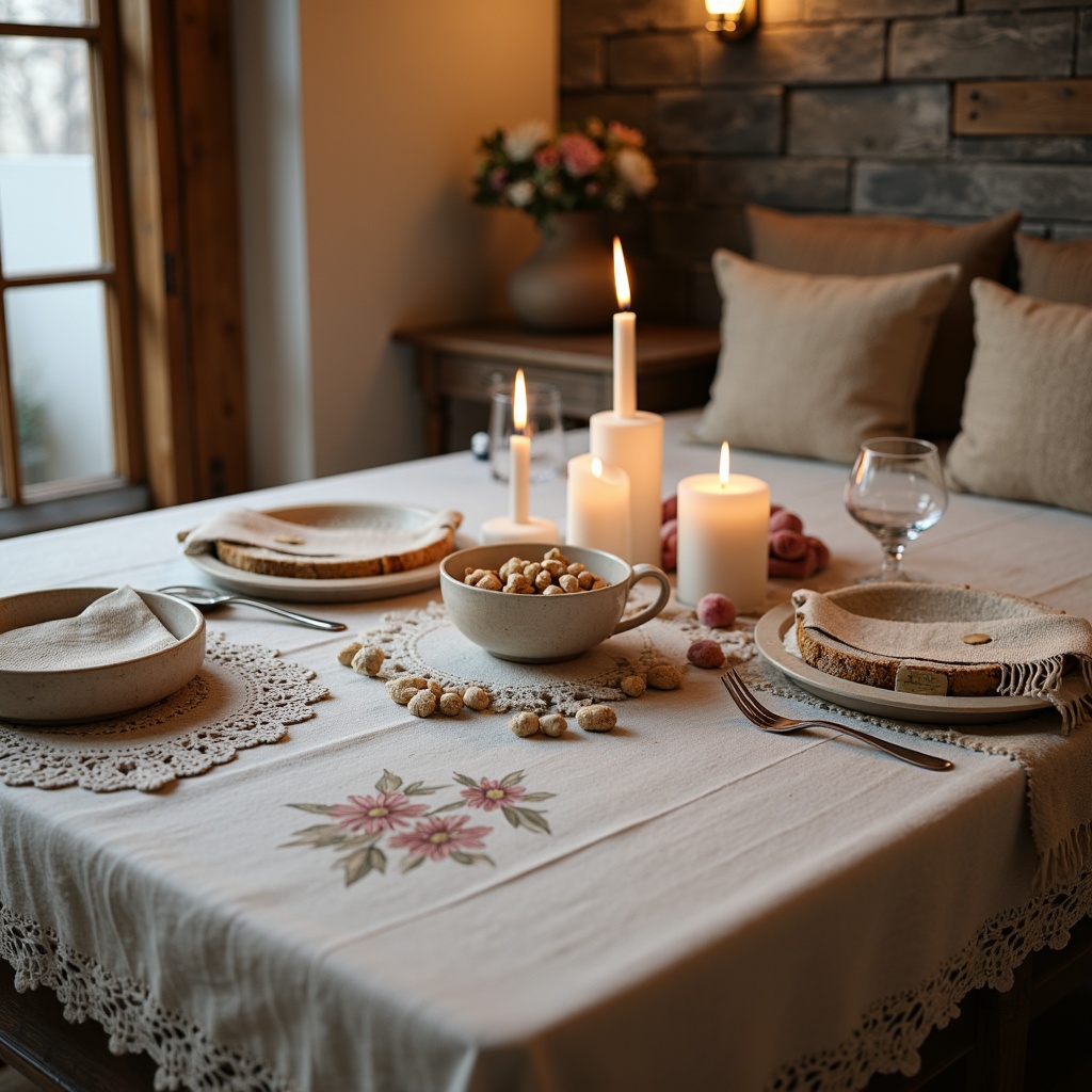 Prompt: Soft creamy whites, warm beige tones, gentle pale blues, muted dusty pinks, rich velvety blacks, subtle weathered wood textures, distressed stone walls, vintage metal accents, ornate ceramic tiles, delicate lace patterns, floral embroidery motifs, natural linen fabrics, cozy candlelit ambiance, warm golden lighting, shallow depth of field, 1/1 composition, intimate close-up shots, realistic fabric simulations, ambient occlusion.