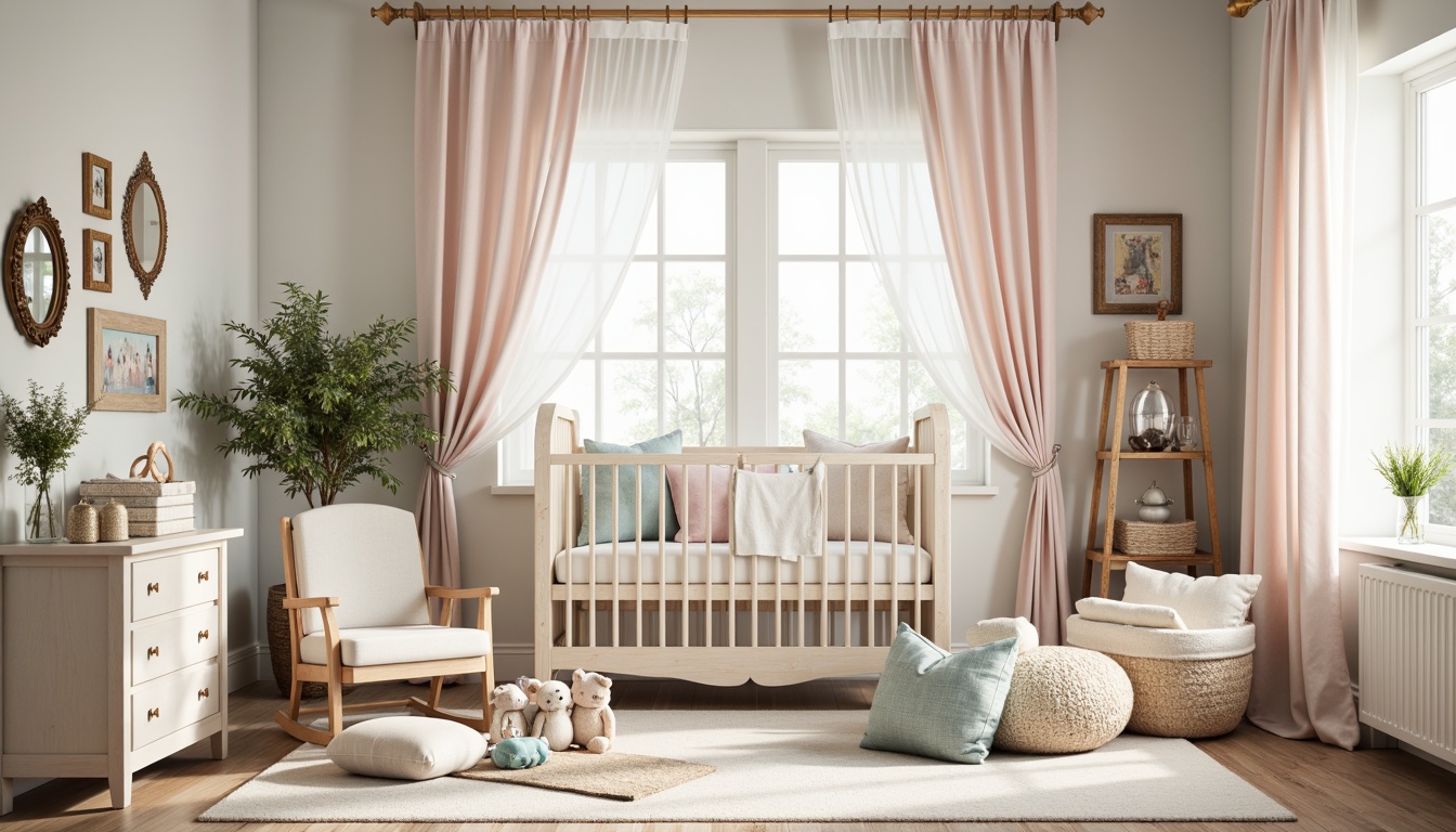 Prompt: Whimsical nursery, soft pastel colors, delicate floral patterns, plush area rug, white crib, gentle drapery, sheer curtains, warm wood accents, vintage-inspired furniture, distressed finishes, ornate mirror frames, dainty wall art, tender lighting, creamy whites, pale pinks, baby blues, neutral beiges, cozy reading nook, oversized pillows, natural textiles, woven baskets, playful mobiles, sweet sentimental decor, gentle color palette, soft focus, shallow depth of field, 1/1 composition.