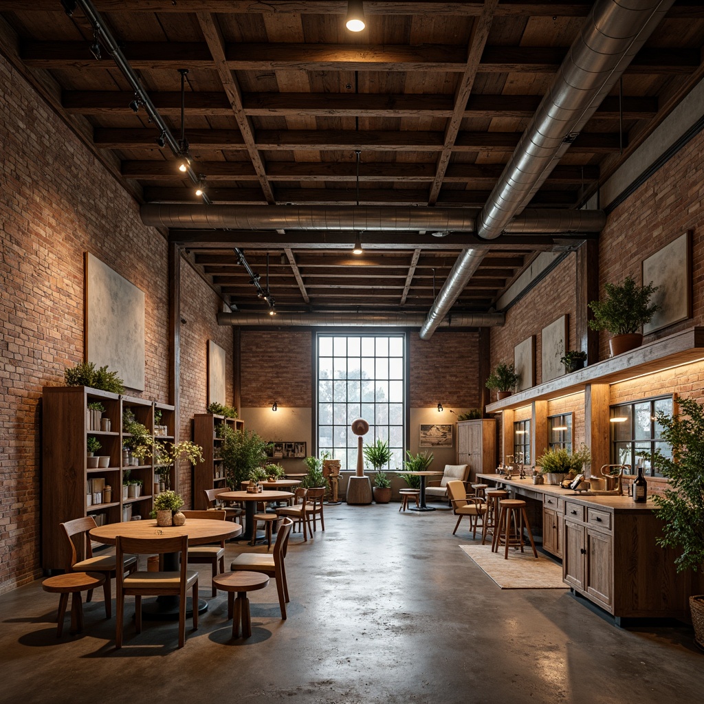 Prompt: Rustic warehouse interior, exposed beams, industrial pipes, distressed brick walls, metal roofing, reclaimed wood accents, vintage factory lighting, urban loft atmosphere, minimalist decor, neutral color palette, natural textiles, earthy tones, warm atmospheric lighting, shallow depth of field, 1/1 composition, realistic textures, ambient occlusion.