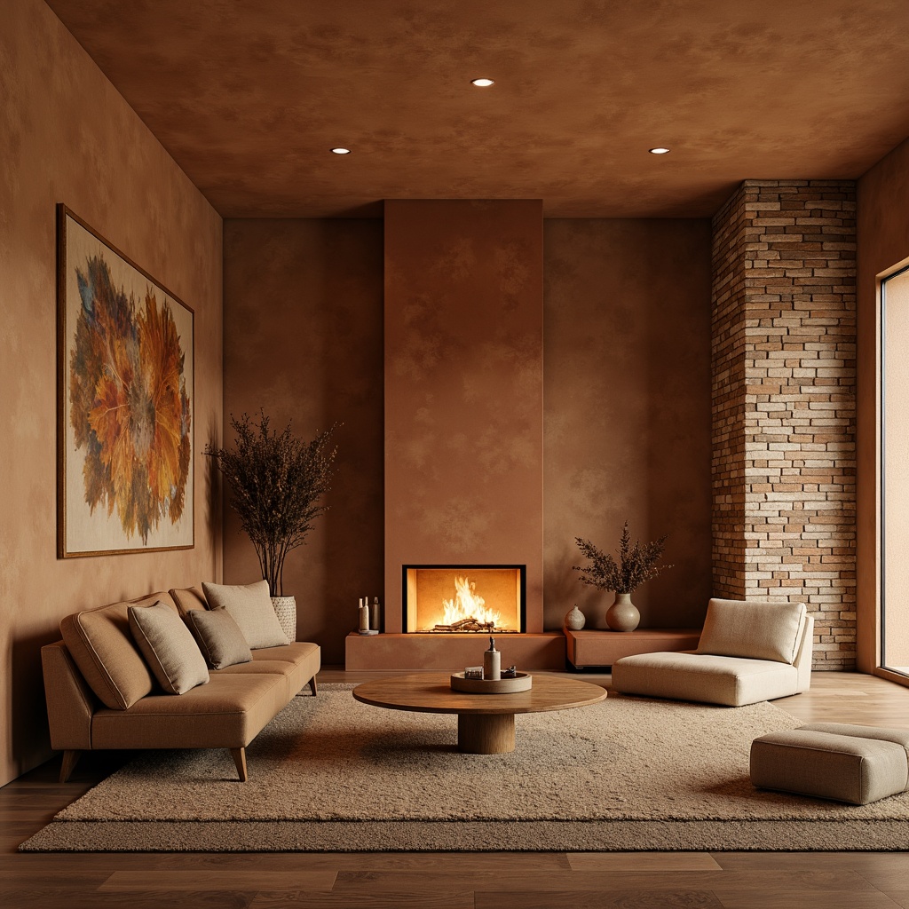 Prompt: Warm beige walls, soft suede textures, natural stone accents, reclaimed wood panels, earthy terracotta tones, rustic brick veneers, cozy nooks, plush area rugs, ambient warm lighting, inviting fireplaces, comfortable seating areas, tranquil atmosphere, calming color palette, organic shapes, tactile materials, intimate scale, soothing ambiance.