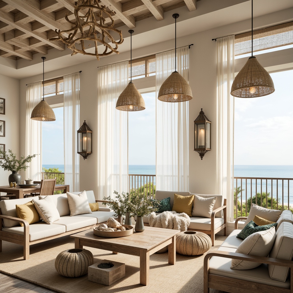 Prompt: Soft warm coastal glow, natural daylight, sheer curtains, gentle sea breeze, driftwood chandeliers, nautical pendant lights, rustic metal lanterns, woven rattan shades, distressed wood accents, beachy vibe, calming atmosphere, soft pastel colors, creamy whites, blues and greens, textured glass, mercury glass vases, coastal-themed decorative accessories, organic shapes, natural textiles, woven sea grass, coral-inspired patterns, airy open spaces, 1/1 composition, warm shallow lighting, realistic reflections.