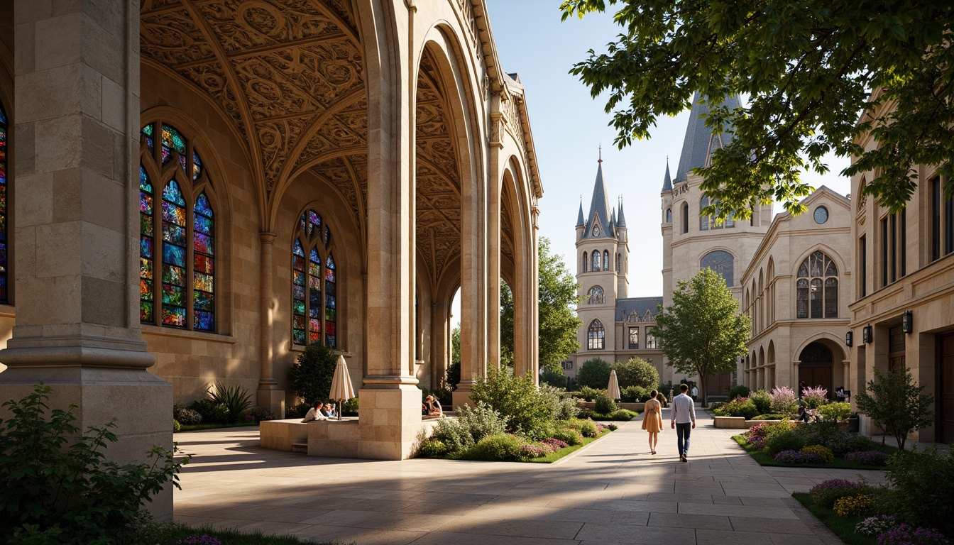 Prompt: Intricate stone carvings, pointed arches, ribbed vaults, flying buttresses, grand entrance halls, ornate chapels, stained glass windows, majestic bell towers, Gothic spires, lush greenery, blooming flowers, serene atmosphere, warm natural lighting, shallow depth of field, 3/4 composition, panoramic view, realistic textures, ambient occlusion.