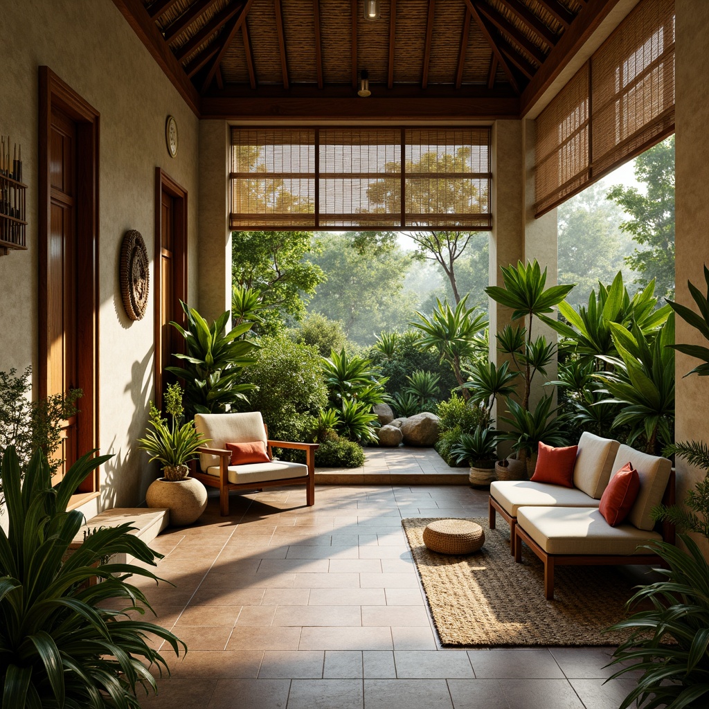 Prompt: Tropical monastery, lush greenery, natural stone walls, wooden accents, rattan furniture, woven textiles, earthy tone color palette, ceramic tiles, reclaimed wood floors, bamboo shades, organic forms, minimalist decor, warm soft lighting, ambient occlusion, shallow depth of field, 3/4 composition, realistic textures, serene atmosphere, peaceful ambiance.