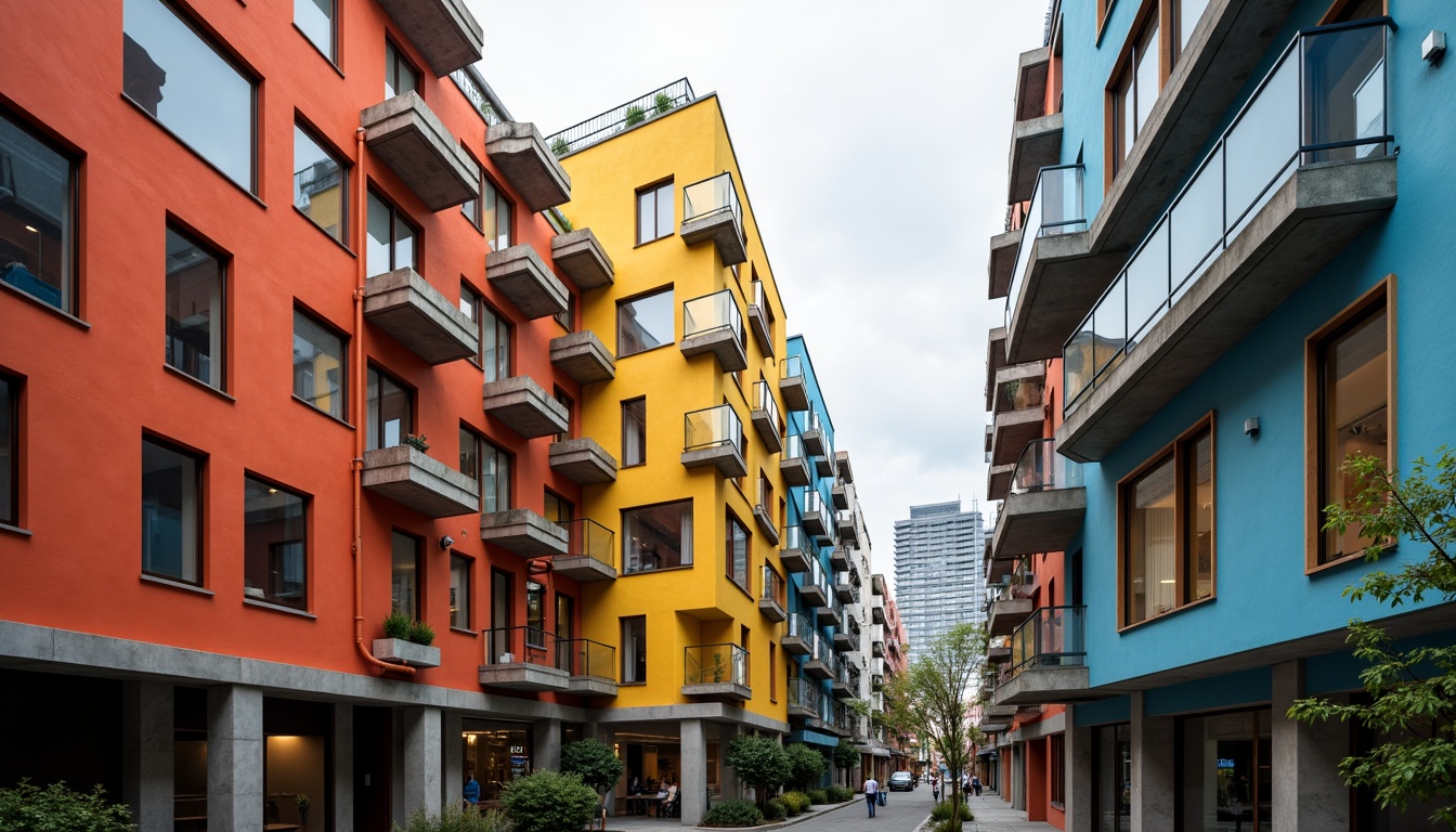 Prompt: Primary colors, geometric shapes, rectangular forms, clean lines, minimal ornamentation, functional simplicity, industrial materials, exposed pipes, concrete structures, steel beams, cantilevered roofs, asymmetrical compositions, abstract patterns, De Stijl influences, constructivist elements, urban cityscape, cloudy day, dramatic shadows, high contrast lighting, 1/1 composition, symmetrical framing, bold typography.