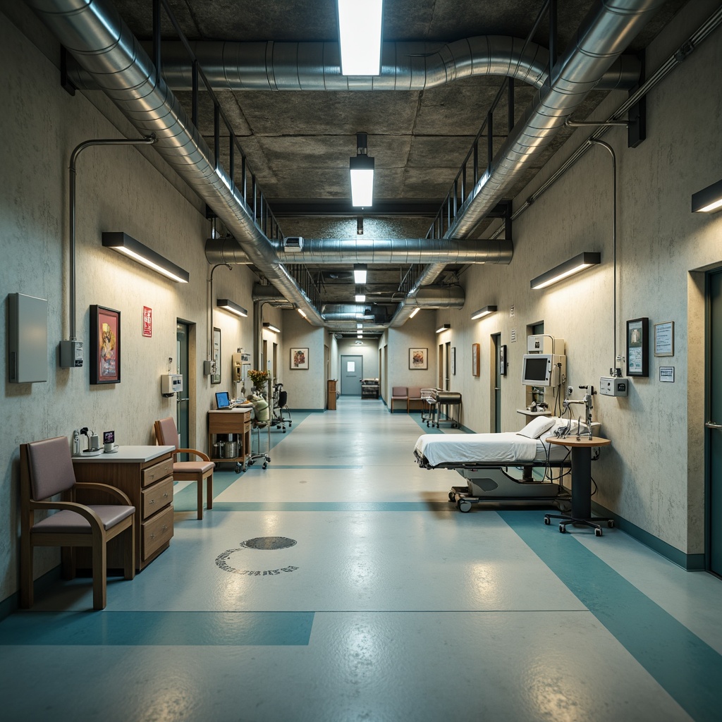 Prompt: Industrial hospital interior, textured concrete walls, exposed ductwork, steel beams, medical equipment, sterile surfaces, functional lighting, institutional color scheme, minimalist decor, sanitary fixtures, durable flooring, subtle patterned tiles, soft warm ambiance, shallow depth of field, 1/1 composition, realistic textures, ambient occlusion.