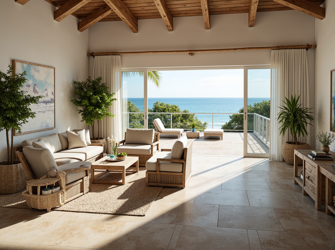 Prompt: \Coastal themed open space, natural sea breeze, ocean views, sandy beige floors, driftwood accents, nautical rope details, distressed wood furniture, wicker chairs, linen upholstery, soft blue-green color palette, floor-to-ceiling windows, sliding glass doors, outdoor deck spaces, tropical plants, coral-inspired patterns, warm sunny lighting, 1/1 composition, atmospheric perspective, realistic textures, subtle grain effect.\