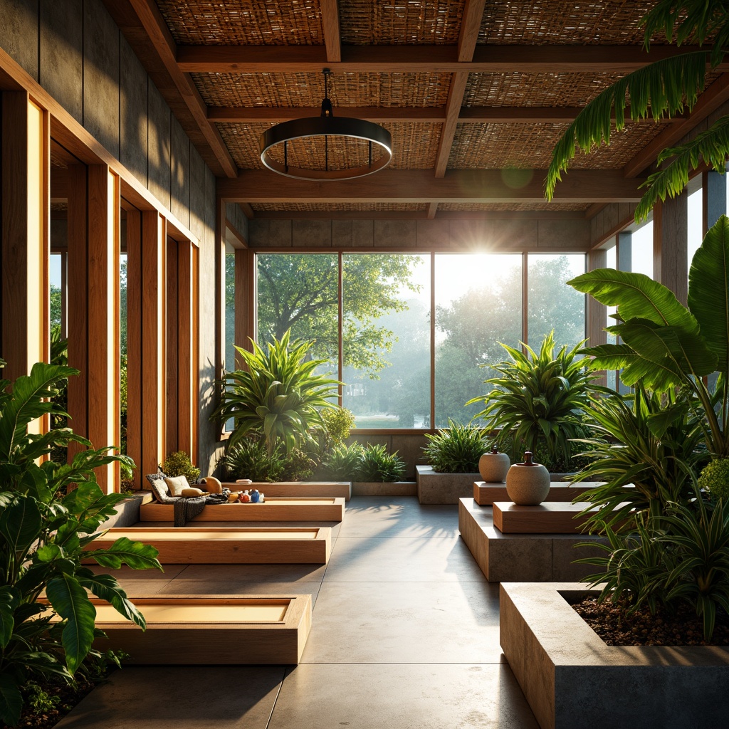 Prompt: Vibrant tropical foliage, natural stone walls, wooden fitness equipment, mirrored surfaces, LED strip lights, warm ambient glow, softbox lighting, 1/1 composition, shallow depth of field, realistic textures, atmospheric fog, bright morning sunlight, refreshing ocean breeze, exotic wood accents, woven bamboo ceiling, earthy tone color palette, tranquil ambiance, minimal shading.