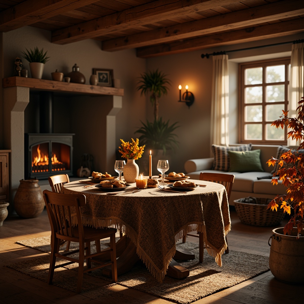 Prompt: Cozy dining room, plush throw blankets, warm wood tones, rustic furniture, soft candlelight, earthy color palette, woven baskets, natural fiber rugs, comfortable seating, vintage decor accents, autumnal leaves, crackling fireplace, golden hour lighting, shallow depth of field, 2/3 composition, inviting atmosphere, realistic textures, ambient occlusion.