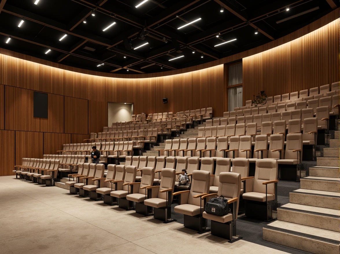 Prompt: Modern auditorium interior, sleek contemporary seating arrangement, curved rows, plush cushioned chairs, stainless steel frames, ambient LED lighting, minimalist decor, polished concrete floors, acoustic panels, soundproofing materials, tiered seating levels, open floor plan, panoramic views, 1/2 composition, softbox lighting, realistic textures, subtle color palette, warm beige tones, dark wood accents.