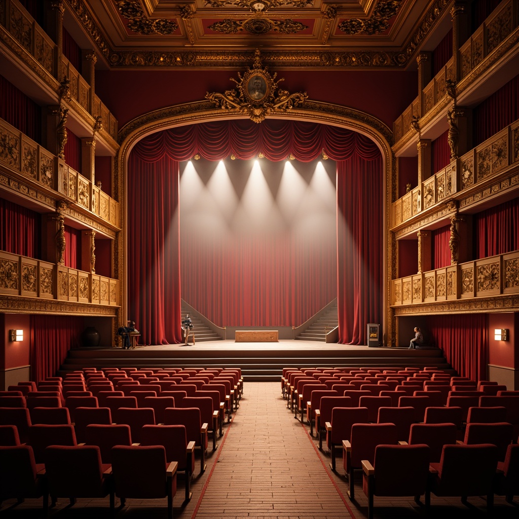 Prompt: Vibrant theatrical stage, dynamic lighting system, rich velvet curtains, polished wooden floorboards, ornate golden balconies, majestic proscenium arch, plush red seats, intricate set designs, dramatic fog effects, spotlight beams, warm color temperature, shallow depth of field, 2/3 composition, cinematic perspective, realistic textures, ambient occlusion.