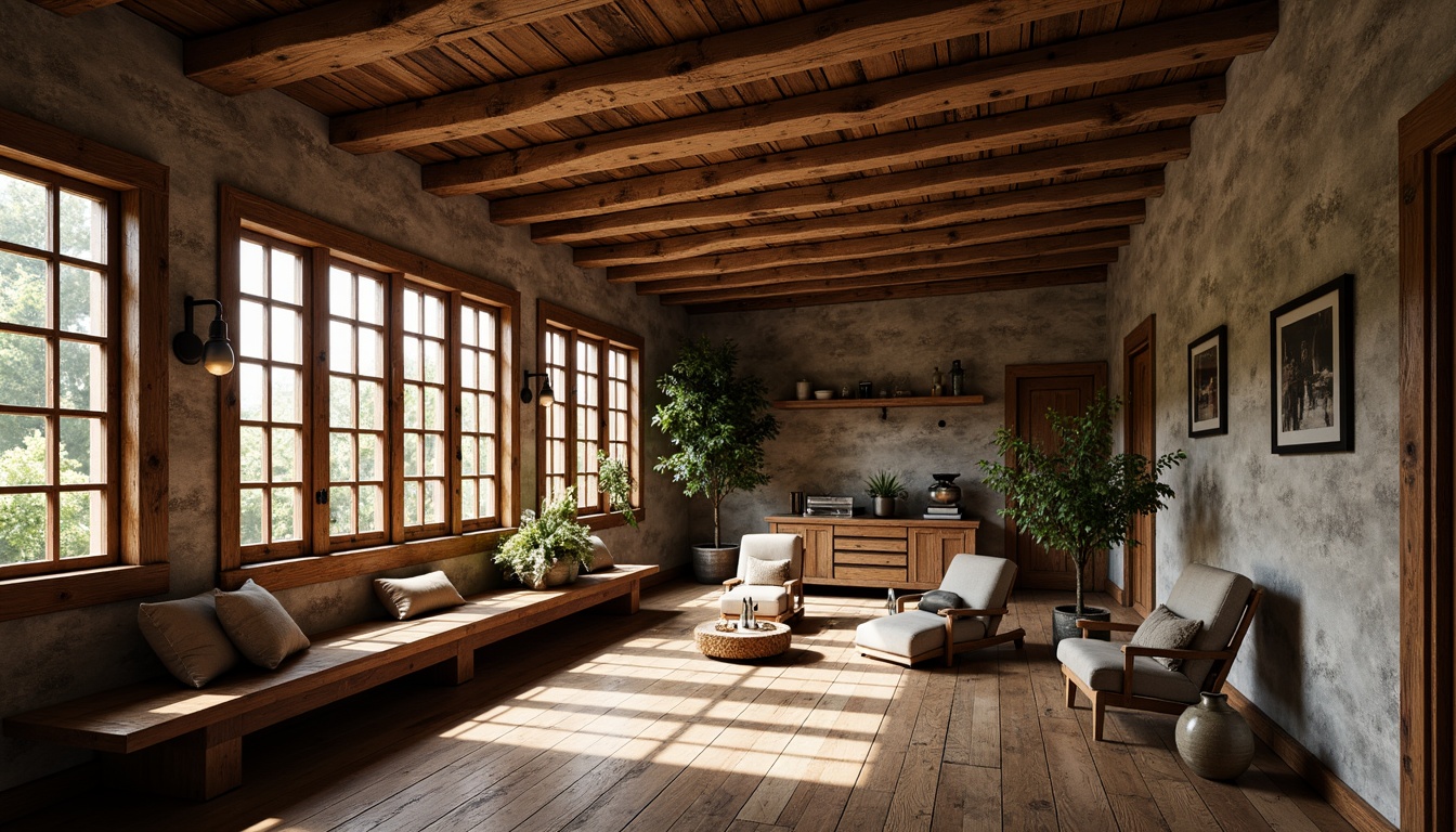 Prompt: Rustic cabin, wooden accents, natural stone walls, earthy color palette, rough-hewn wood beams, distressed finishes, vintage decor, cozy atmosphere, warm soft lighting, shallow depth of field, 1/1 composition, realistic textures, ambient occlusion.