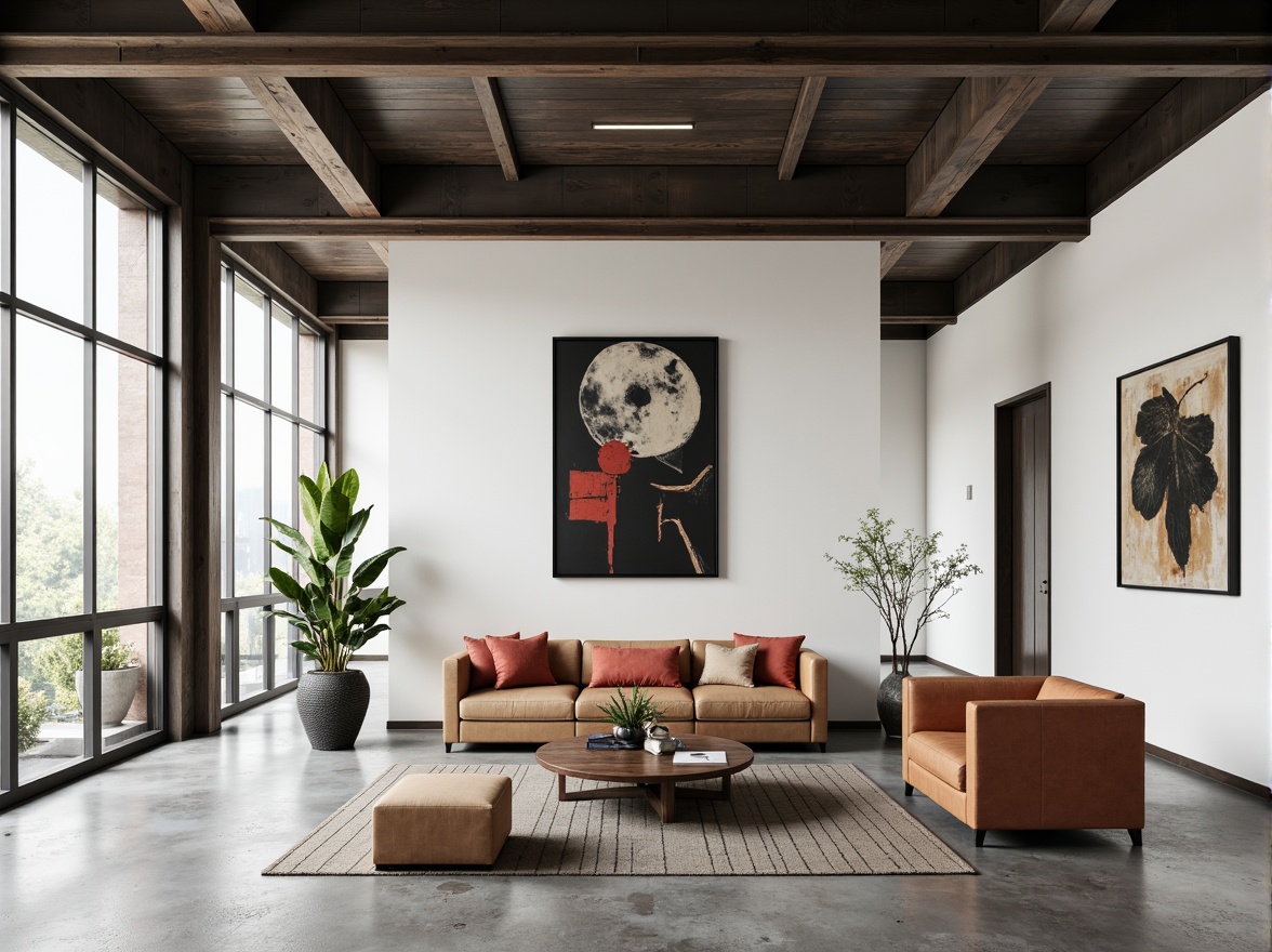 Prompt: Minimalist interior, industrial materials, functional furniture, geometric shapes, primary color scheme, open floor plan, natural light pouring, steel beams, concrete floors, wooden accents, vintage decorative items, abstract artwork, sleek lines, rectangular forms, ample negative space, harmonious proportions, 1/1 composition, high contrast lighting, atmospheric shadows, realistic textures.