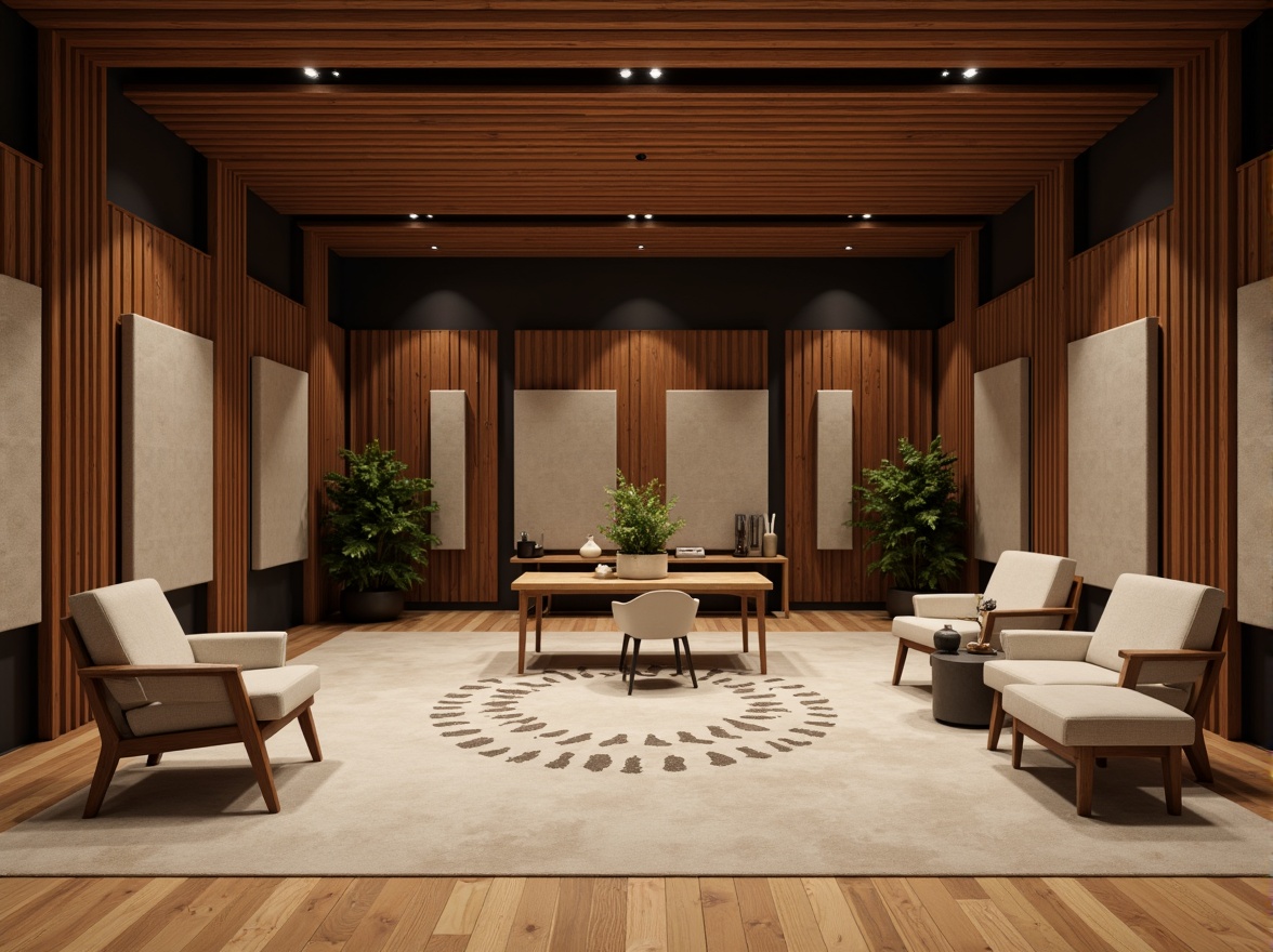 Prompt: Soundproof recording studio, wooden acoustic panels, soft fabric upholstery, dark wood trim, minimal modern decor, professional audio equipment, microphone stands, sound wave patterns, neutral color palette, indirect warm lighting, shallow depth of field, 1/1 composition, realistic textures, ambient occlusion.