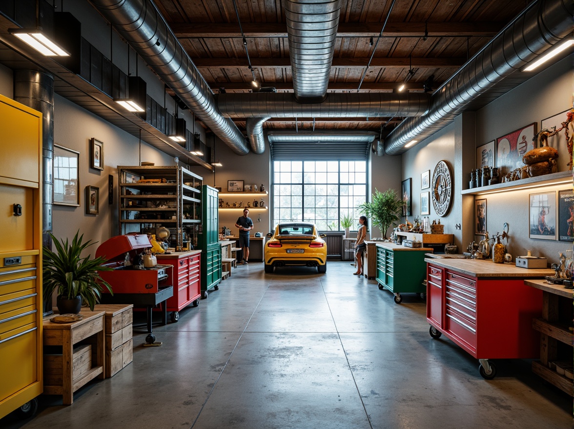 Prompt: Industrial garage interior, exposed ductwork, metallic tones, concrete floors, steel beams, modern industrial lighting, bold color accents, vibrant tool chests, sleek workbenches, urban loft atmosphere, rustic wood crates, distressed finishes, warm ambient lighting, shallow depth of field, 1/2 composition, realistic textures, subtle shadowing.