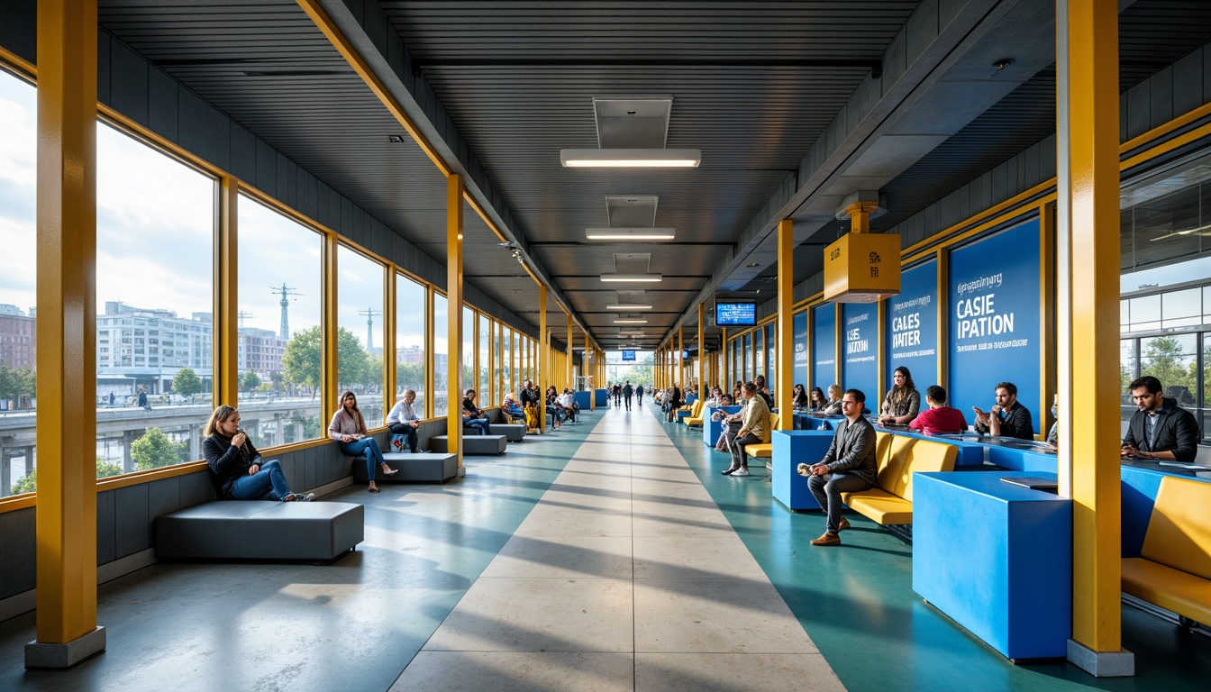 Prompt: Vibrant bus station interior, urban modern aesthetic, bold color scheme, bright blue accents, warm beige tones, sleek metal frames, durable industrial materials, comfortable seating areas, ample natural light, overhead LED lighting, geometric patterns, urban landscape views, busy city atmosphere, dynamic energy, shallow depth of field, 1/1 composition, realistic textures, ambient occlusion.