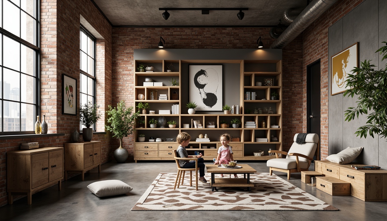 Prompt: Industrial-chic kids' room, reclaimed wood furniture, metal accents, vintage lighting fixtures, exposed brick walls, concrete floors, urban cityscape views, modern minimalist decor, functional storage units, modular shelving systems, cozy reading nooks, bold color schemes, distressed finishes, edgy textiles, geometric patterns, abstract artwork, industrial-style metal chairs, wooden crates, eclectic decorative items, soft warm lighting, shallow depth of field, 3/4 composition, panoramic view, realistic textures, ambient occlusion.