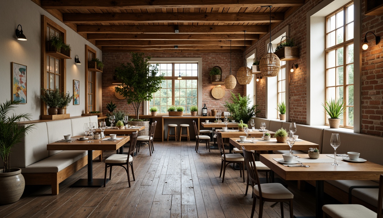 Prompt: Rustic farmhouse dining room, reclaimed wood tables, vintage metal chairs, distressed wooden benches, natural linen upholstery, earthy color palette, wooden ceiling beams, exposed brick walls, pendant lighting fixtures, rustic metal lanterns, woven wicker baskets, potted greenery, soft warm lighting, shallow depth of field, 2/3 composition, realistic textures, ambient occlusion.