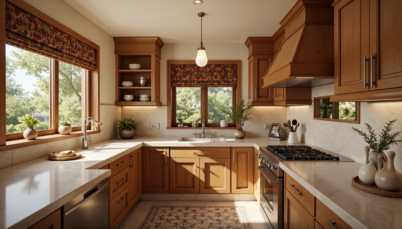 Prompt: Timeless traditional kitchen, warm beige countertops, ornate wooden cabinetry, classic Shaker-style furniture, soft cream-colored walls, elegant pendant lighting, farmhouse sink, polished chrome faucets, decorative ceramic tiles, natural stone flooring, earthy color palette, rustic wood accents, warm ambient lighting, 3/4 composition, realistic textures, subtle depth of field.