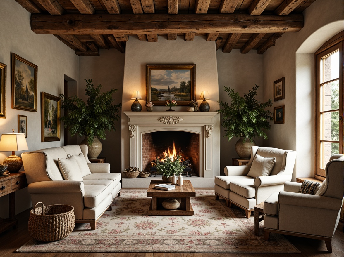 Prompt: Rustic wooden furniture, distressed finishes, soft cream upholstery, vintage accents, ornate carvings, classic berg\u00e8re chairs, elegant tufted sofas, natural linen fabrics, woven wicker baskets, antique bronze hardware, warm candlelight, earthy terracotta pots, lush greenery, floral patterns, toile de Jouy fabrics, weathered stone walls, wooden beam ceilings, soft warm lighting, cozy intimate spaces, relaxed rustic charm.