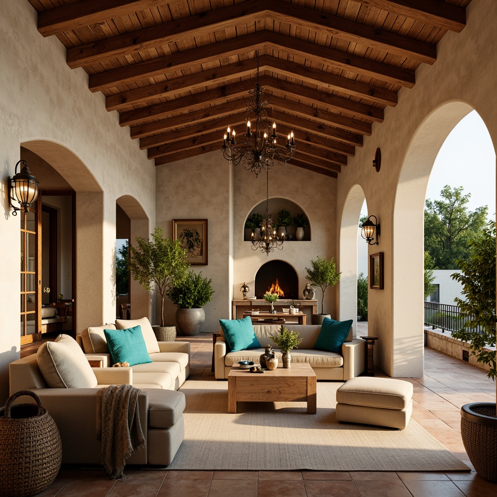 Prompt: Warm Mediterranean villa, rustic stone walls, curved archways, terracotta flooring, wooden beam ceilings, ornate ironwork, distressed wood furniture, plush velvet upholstery, rich turquoise accents, natural linen fabrics, woven rattan baskets, potted olive trees, soft golden lighting, warm beige tones, elegant curves, classic architectural details, vintage decorative accessories, cozy intimate spaces, serene ambiance, gentle sea breeze.