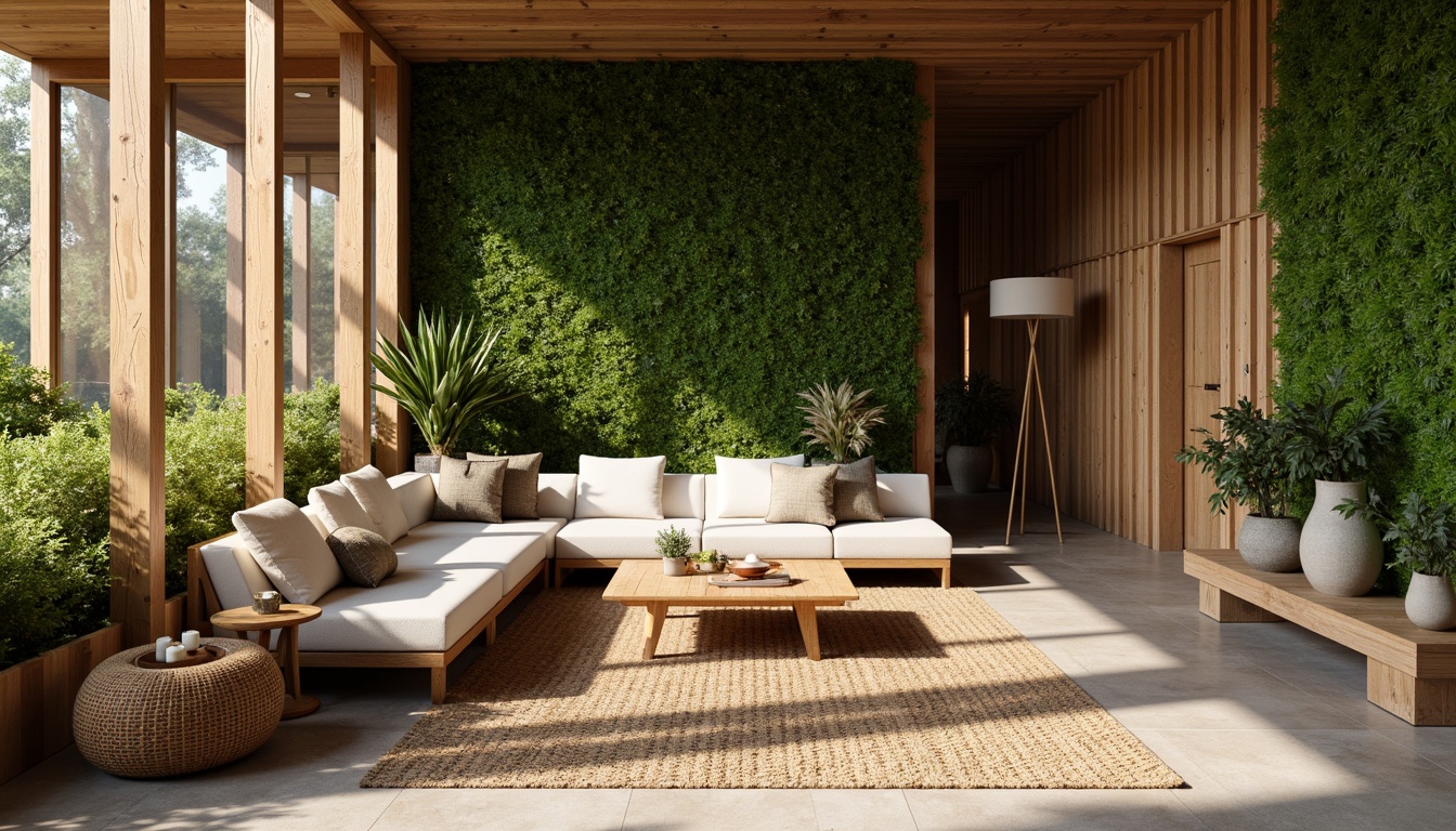 Prompt: Earthy tones, organic textures, reclaimed wood accents, living green walls, natural stone floors, bamboo furnishings, woven rattan elements, eco-friendly materials, sustainable design practices, minimalist decor, earthy color palette, warm ambient lighting, shallow depth of field, 1/1 composition, realistic renderings, atmospheric perspective.