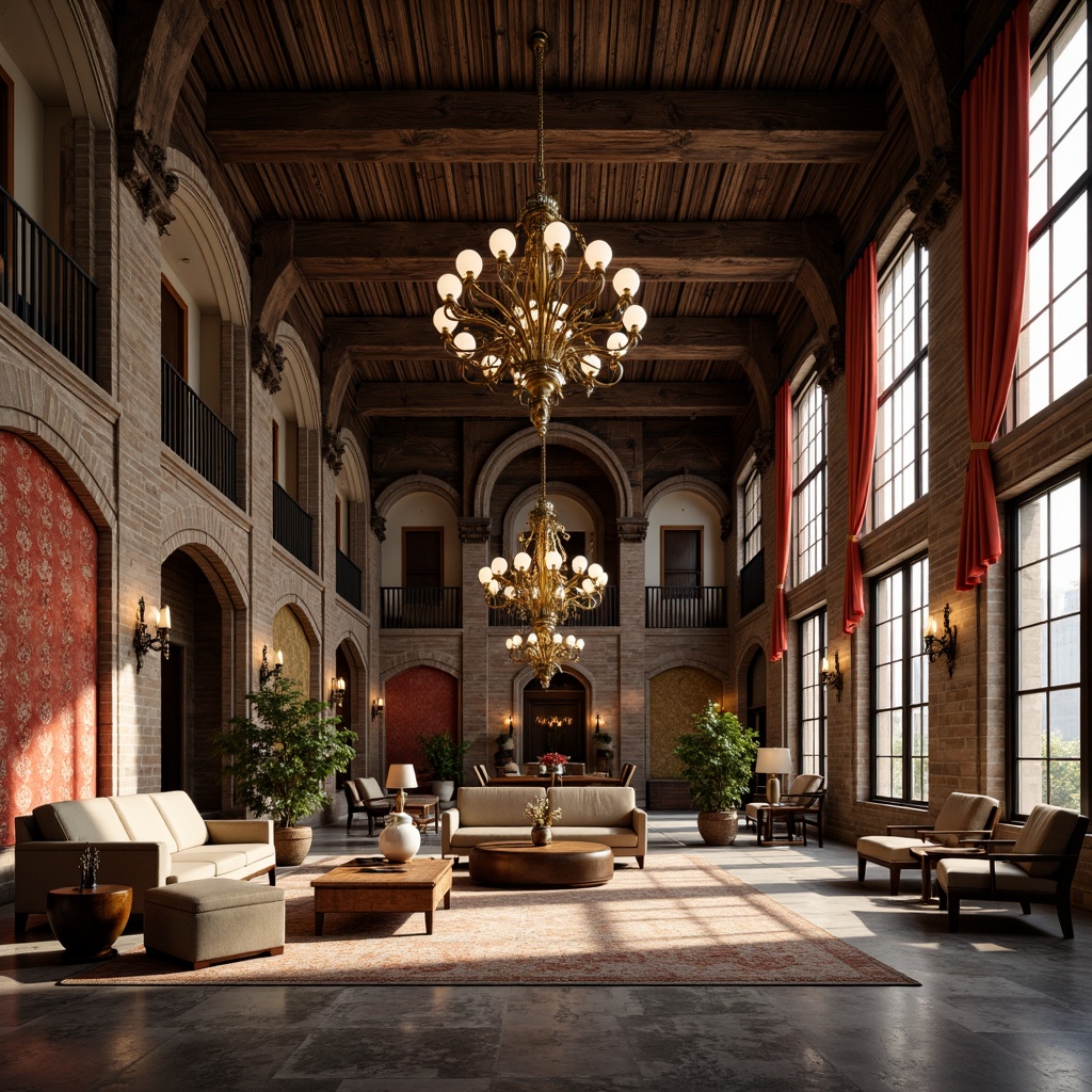 Prompt: Grand loft interior, high ceilings, rustic archways, ornate Renaissance-inspired details, distressed wood beams, exposed brick walls, luxurious velvet drapes, rich tapestries, golden chandeliers, elegant marble floors, vintage furniture pieces, lavish textiles, warm ambient lighting, dramatic shadows, 1/1 composition, realistic renderings, cinematic camera angles, subtle color grading.