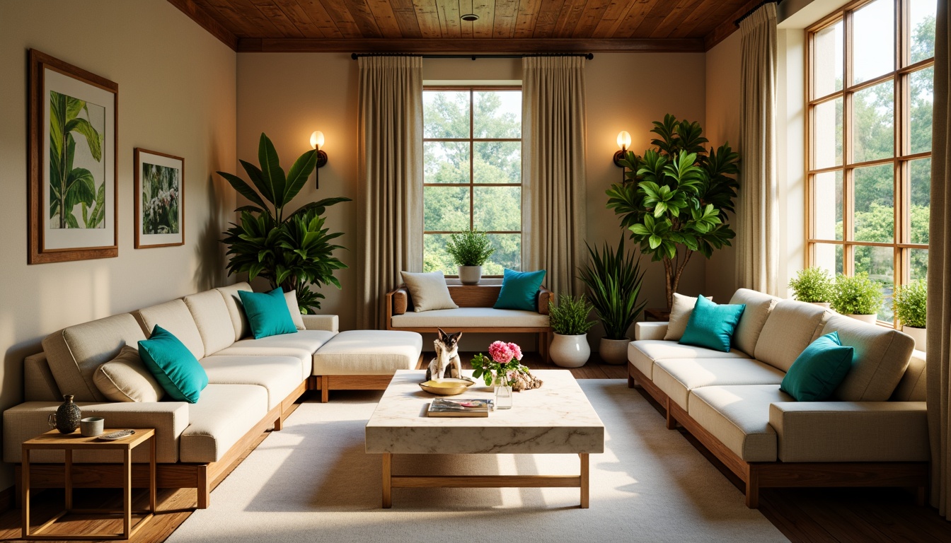 Prompt: Vibrant living room, warm beige walls, rich walnut wood furniture, soft sage green accents, bold turquoise decorative pillows, creamy white marble coffee table, plush velvet sofa, golden brass lighting fixtures, natural linen drapes, abundant greenery, rustic wooden floorboards, cozy reading nook, afternoon sunlight, softbox lighting, 1/2 composition, intimate atmosphere, realistic textures, warm color harmony.