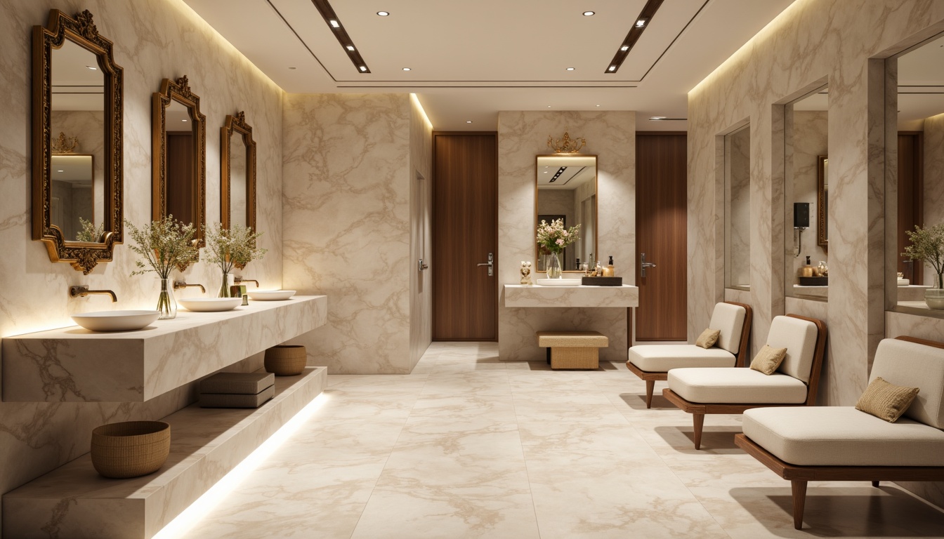 Prompt: Luxurious powder room, elegant marble countertops, soft LED lighting, spacious floor plan, comfortable seating area, ornate mirrors, delicate flower arrangements, high-end fixtures, premium materials, calming ambiance, serene atmosphere, minimalist decor, warm beige colors, subtle textures, shallow depth of field, 1/1 composition, realistic reflections, ambient occlusion.