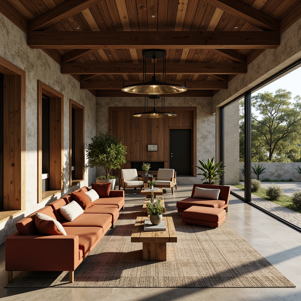 Prompt: Luxurious villa, rustic stone walls, wooden accents, metal roofing, sleek glass doors, modern minimalist interior, polished concrete floors, reclaimed wood furniture, velvet upholstery, metallic lighting fixtures, natural fiber rugs, earthy color palette, warm ambient lighting, shallow depth of field, 1/1 composition, realistic textures, ambient occlusion.