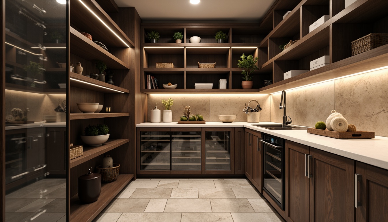 Prompt: Modern pantry, sleek metal shelving, adjustable storage units, soft-close drawers, glass doors, LED lighting, chrome handles, minimalist design, open shelving, decorative baskets, wooden accents, natural stone countertops, earthy color palette, cozy ambiance, shallow depth of field, 3/4 composition, realistic textures, ambient occlusion.