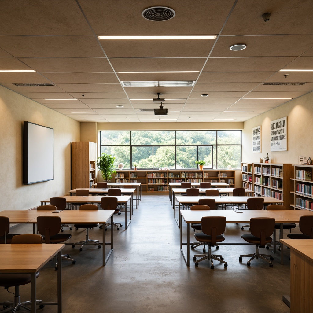 Prompt: Open-plan classroom, collaborative learning space, wooden tables, ergonomic chairs, interactive whiteboards, floor-to-ceiling bookshelves, cozy reading nooks, natural light pouring in, warm beige walls, polished concrete floors, minimal ornamentation, functional storage units, inspiring educational quotes, soft diffused lighting, 1/2 composition, shallow depth of field, realistic textures, ambient occlusion.