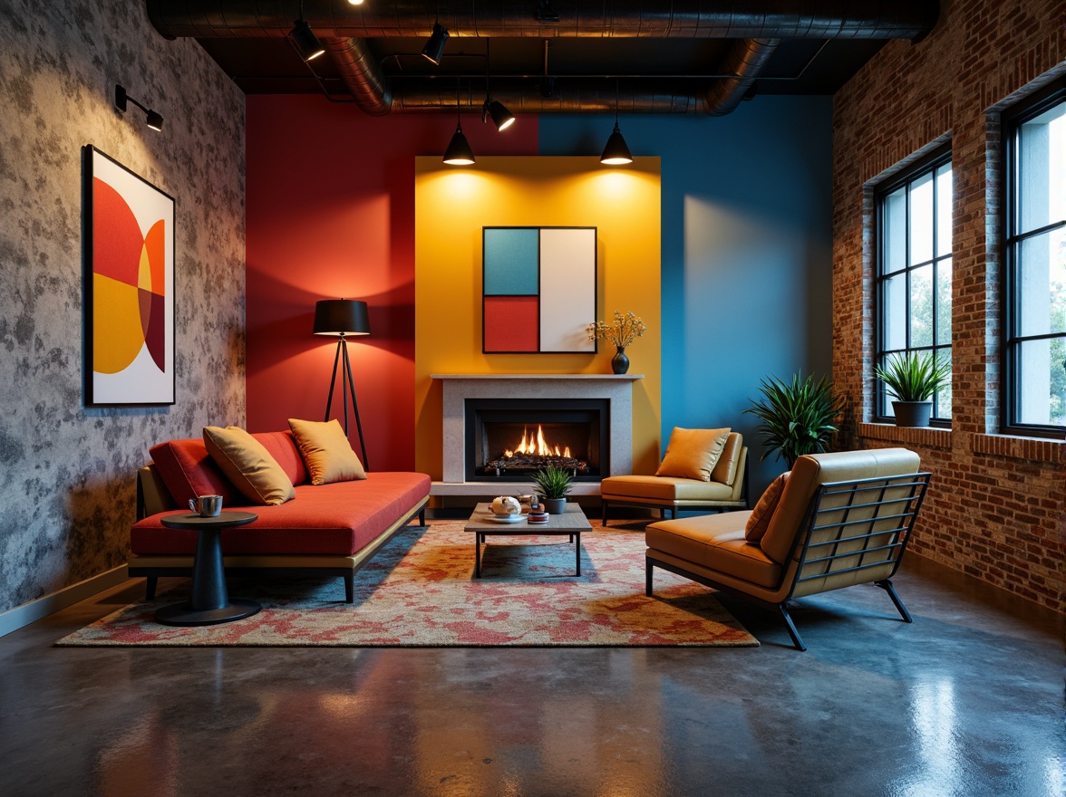 Prompt: Vibrant accent walls, bold geometric patterns, contrasting textures, modern minimalist furniture, sleek metal frames, polished concrete floors, industrial chic decor, edgy urban loft atmosphere, dramatic shadow effects, moody ambient lighting, 1/1 composition, high-contrast color palette, abstract art pieces, eclectic decorative accents.