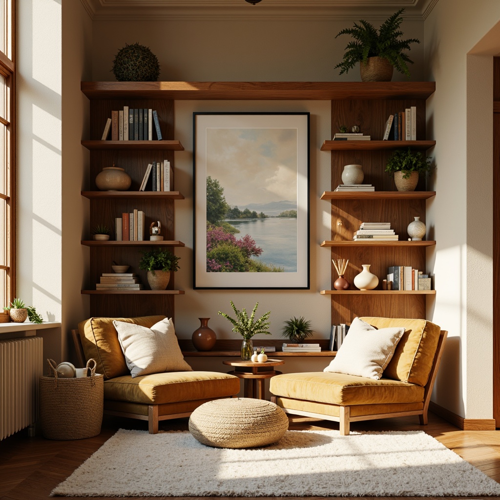 Prompt: Cozy reading nook, warm beige walls, plush velvet armchair, soft golden lighting, rich walnut wooden shelves, vintage leather-bound books, delicate ceramic vases, pastel-hued artwork, creamy white rug, comfortable oversized pillows, natural woven baskets, earthy terracotta pots, soothing greenery, calming watercolor paintings, warm afternoon sunlight, gentle shadows, 1/2 composition, soft focus, realistic textures.