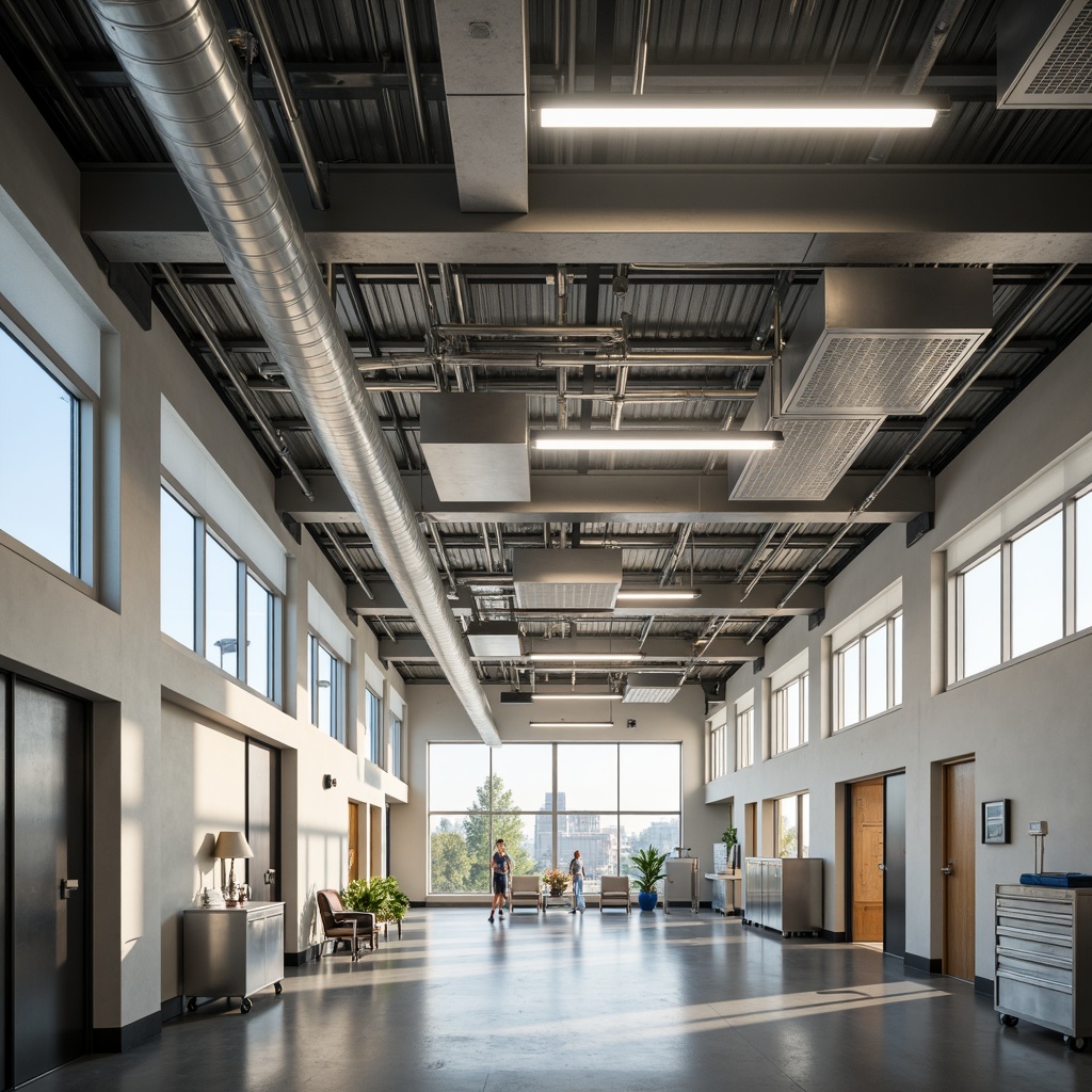 Prompt: Industrial hospital interior, exposed ductwork, metal beams, polished concrete floors, minimalist decor, functional lighting fixtures, LED strip lights, suspended pendant lamps, stainless steel equipment, medical devices, sterile environments, high-ceiling corridors, natural daylight, diffused warm light, soft shadows, 1/1 composition, realistic reflections, ambient occlusion.