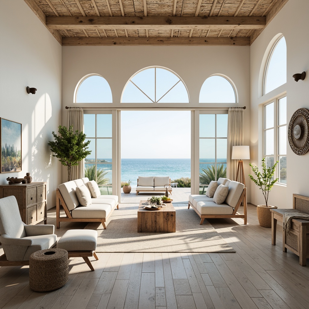 Prompt: Airy open space, coastal vibe, driftwood accents, natural textiles, woven fibers, organic shapes, calming color palette, soft sandy tones, sea glass blues, crisp whites, weathered wood floors, distressed finishes, beachy keystone arches, minimalist decor, abundant natural light, floor-to-ceiling windows, sliding glass doors, ocean views, breezy atmosphere, sheer curtains, linen upholstery, coral-inspired patterns, subtle nautical themes, relaxed ambiance, casual coastal lifestyle.