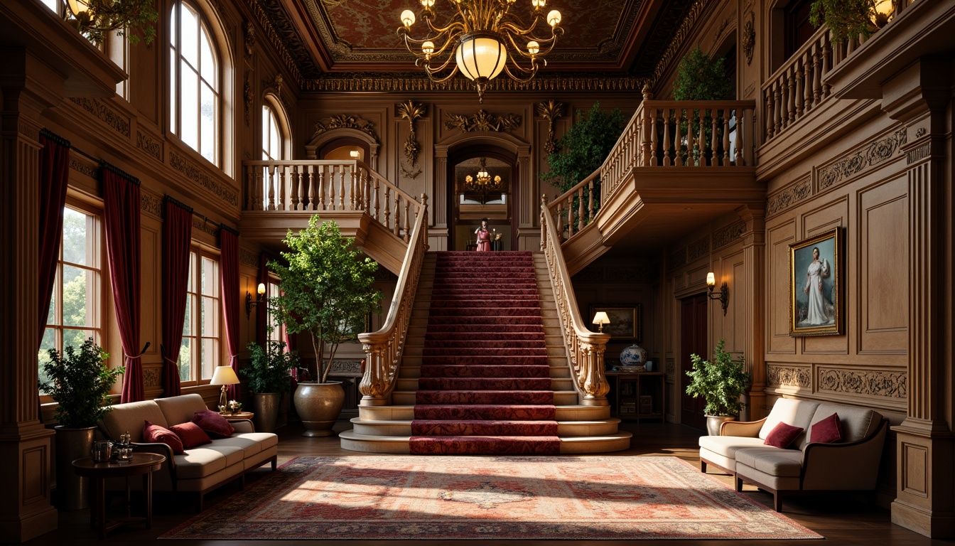 Prompt: Intricate Victorian-era mansion, ornate stone carvings, lavish furnishings, grand staircase, opulent chandeliers, rich velvet drapes, intricate wooden paneling, gilded accents, baroque patterns, luxurious fabrics, majestic entrance hall, warm golden lighting, dramatic shadows, high-contrast composition, shallow depth of field, cinematic atmosphere, realistic textures, ambient occlusion.