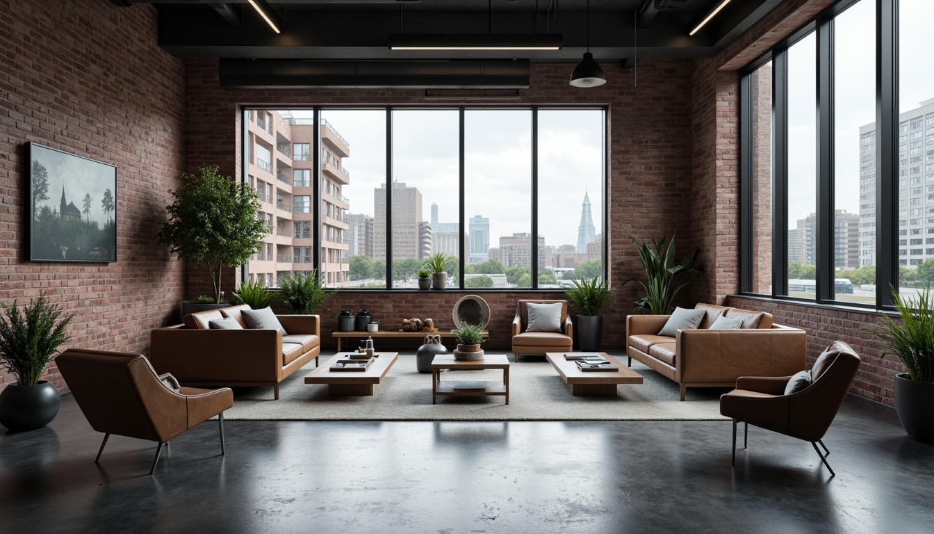 Prompt: Monochromatic color scheme, industrial materials, exposed brick walls, polished concrete floors, minimalist decor, geometric shapes, functional furniture, steel tubular chairs, leather sofas, wooden coffee tables, simple lighting fixtures, natural textiles, monolithic architecture, urban cityscape, cloudy day, soft diffused light, 1/1 composition, symmetrical view, realistic reflections, ambient occlusion.