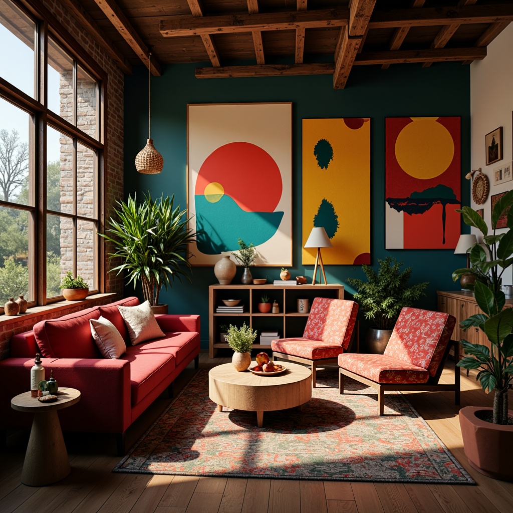 Prompt: Vibrant artistic studio, eclectic furniture, bohemian decor, rich wood accents, bold color blocks, abstract artwork, expressive brushstrokes, moody lighting, atmospheric textures, 3D composition, cinematic angles, warm golden hour, soft focus, shallow depth of field.