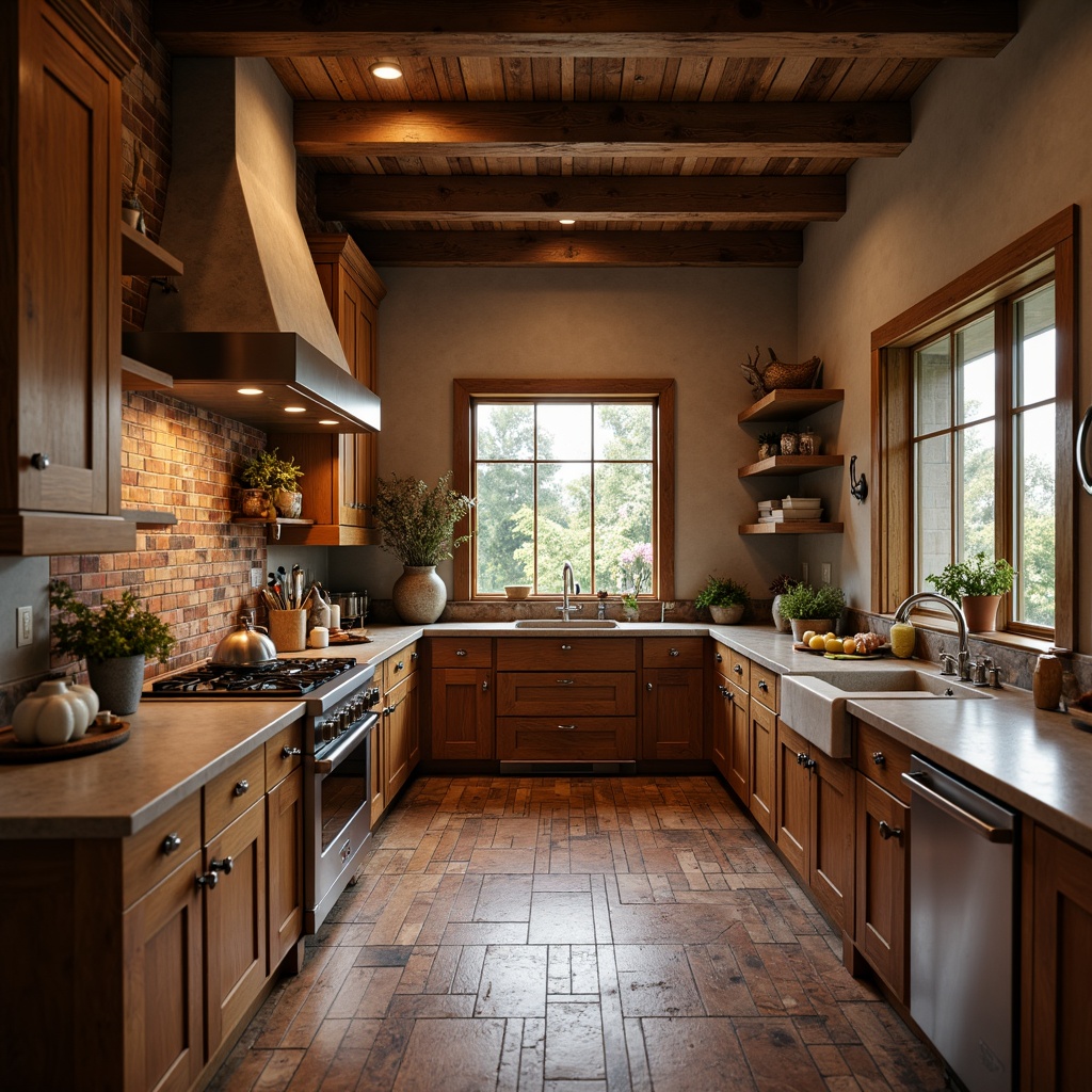 Prompt: Warm traditional kitchen, wooden cabinetry, earthy color palette, stone countertops, farmhouse sink, rustic metal accents, brick-patterned ceramic flooring, distressed wood flooring, rich hardwood planks, soft warm lighting, shallow depth of field, 3/4 composition, realistic textures, ambient occlusion.