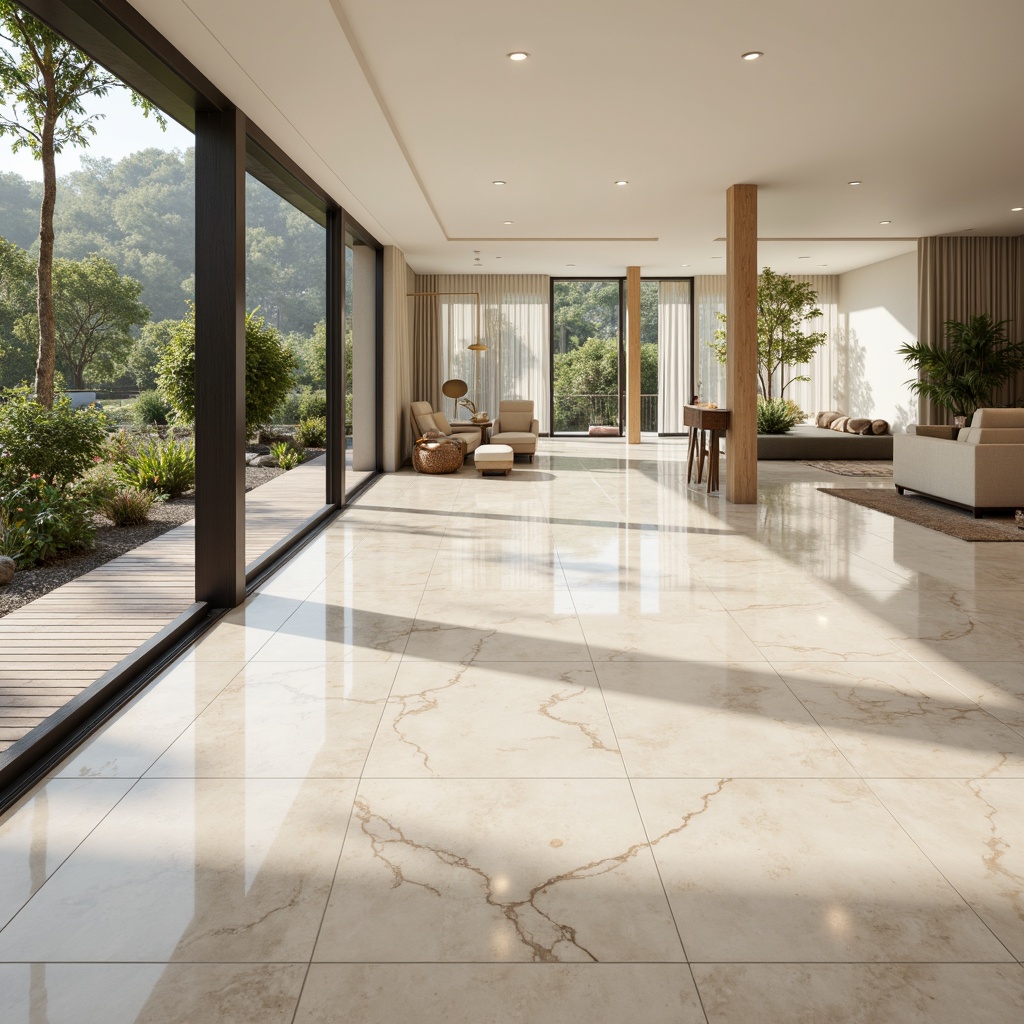 Prompt: Polished marble floors, modern interior design, sleek lines, minimalist aesthetic, luxurious ambiance, cream-colored stone, grey veining patterns, high-gloss finish, spacious open-plan living area, floor-to-ceiling windows, natural light pouring in, soft warm illumination, 1/1 composition, shallow depth of field, realistic textures, ambient occlusion.