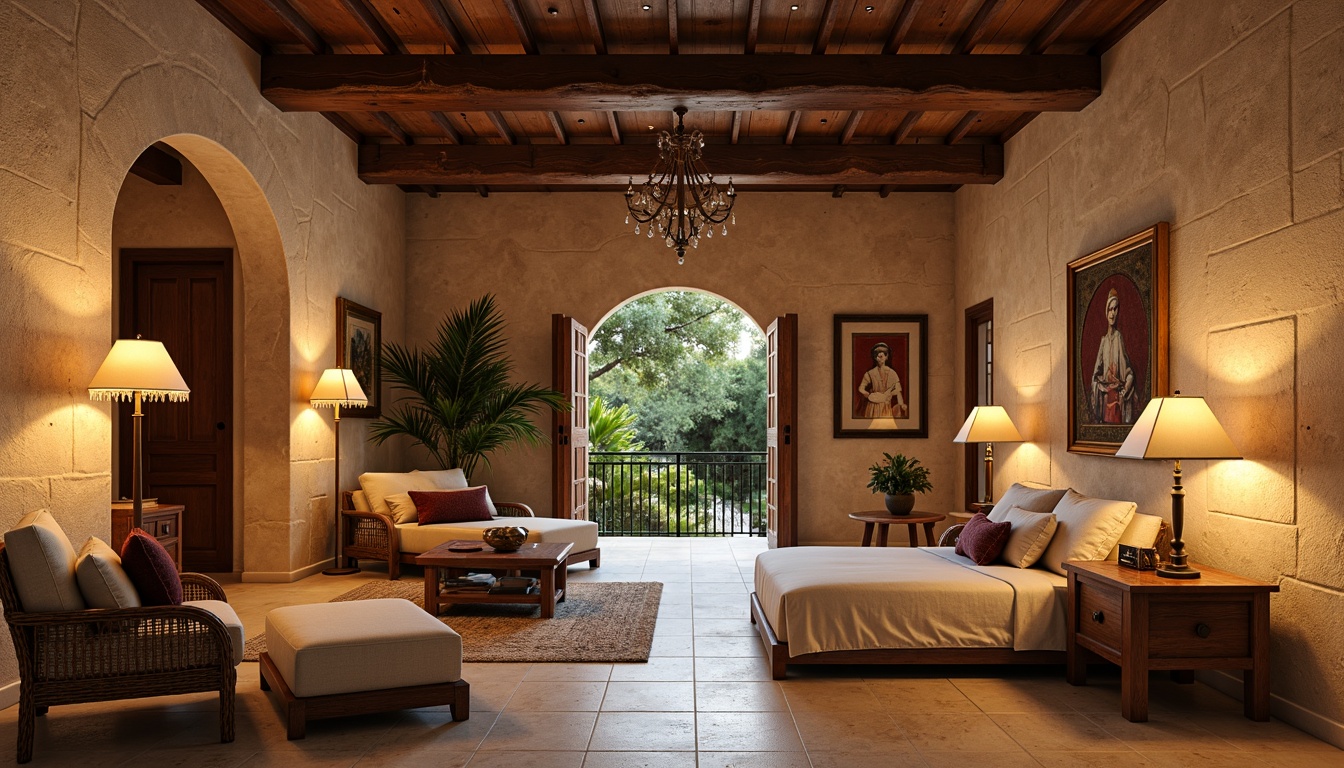 Prompt: Warm Mediterranean villa, rustic stone walls, creamy marble floors, ornate wooden beams, elegant archways, refined metalwork details, soft warm lighting, table lamps with linen shades, floor lamps with woven rattan, pendant lights with glass beads, chandeliers with crystal drops, ambient candlelight, natural textures, earthy color palette, cozy seating areas, plush velvet upholstery, vintage tapestries, distressed wood accents, serene ambiance, 1/1 composition, softbox lighting, realistic reflections.