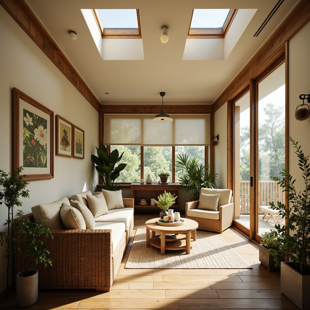 Prompt: Soothing sunroom, Asian-inspired decor, natural wood accents, sliding glass doors, large windows, clerestory windows, skylights, translucent screens, minimal obstructions, light-colored walls, reflective surfaces, mirrors, polished wood floors, woven bamboo furniture, lush greenery, hanging plants, natural textiles, warm beige tones, soft diffused lighting, 1/1 composition, shallow depth of field, realistic textures, ambient occlusion.